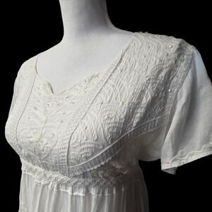 Vintage White Embroidered Sequin Empire Waist Tiered Mini Dress Tunic Top Small